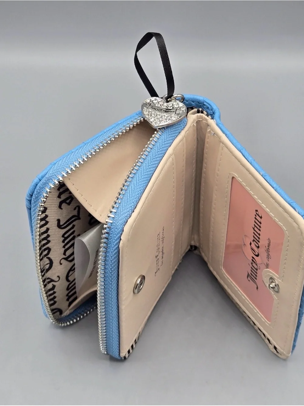 Juicy Couture Blue Embossed Zip Wallet with Rhinestone Logo
